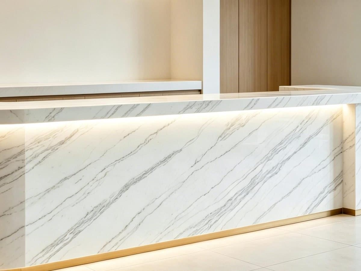 Finished marble reception desk — real stone, real install