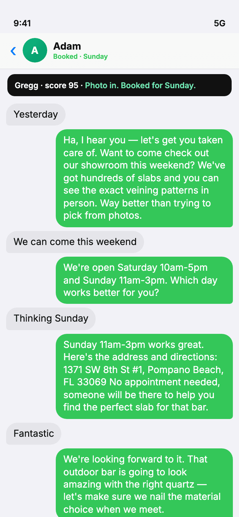 Real 2gether AI iMessage thread booking a showroom visit