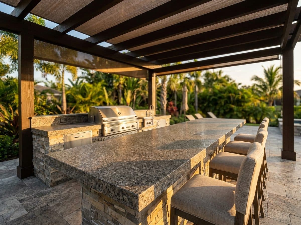 Golden-hour outdoor bar with granite counters — real install