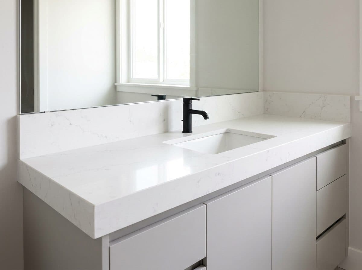 Installed quartz vanity top with undermount sink